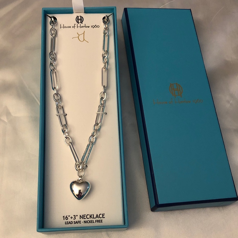 House of Harlow 1960 Polished Silver Tone Mixed Link Necklace Heart Charm NIB